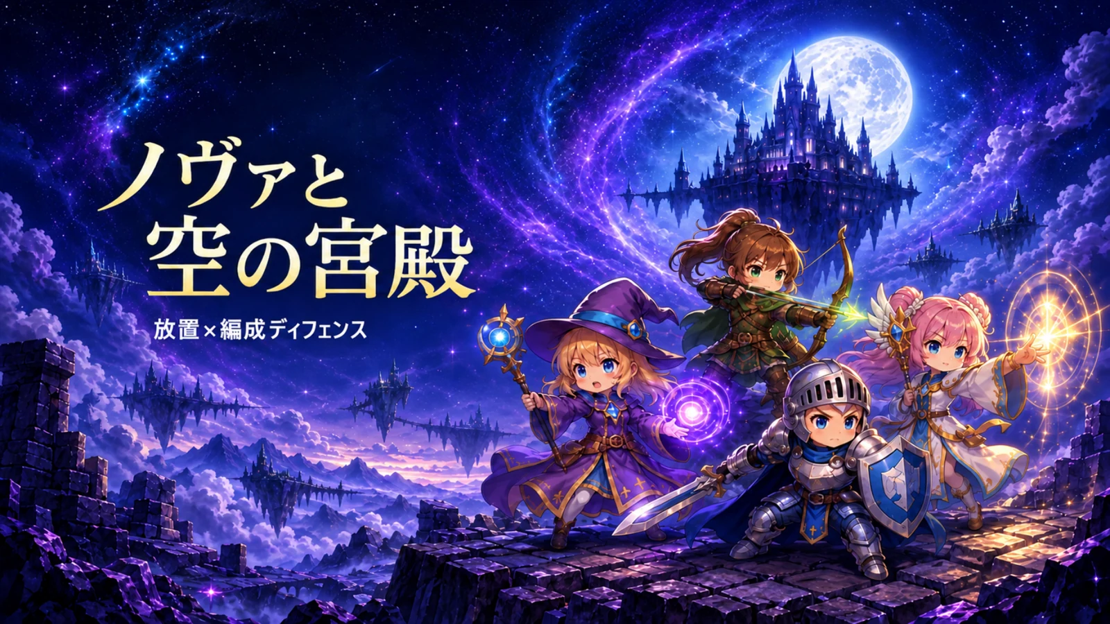 『ノヴァと空の宮殿：放置×編成ディフェンス』。ノヴァと仲間たちが、月夜に浮かぶ空の宮殿を目指すキービジュアル。